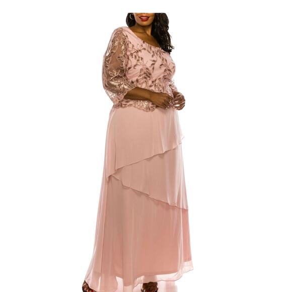 12 New Pink Champagne Lace Top Chiffon Dress - Picture 3 of 8